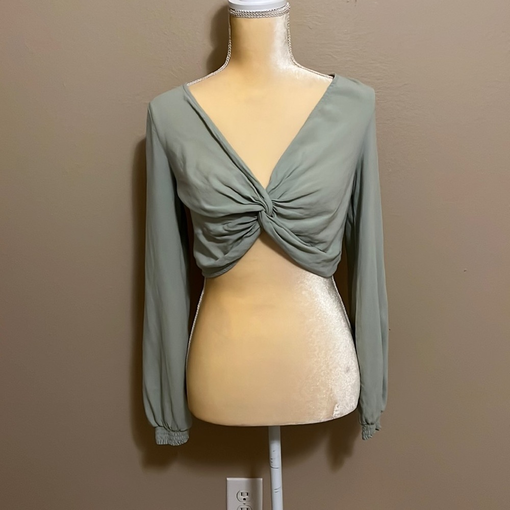 Urban Outfitters Sage Green Slinky Twist Front Long Sleeve Crop Top Size S